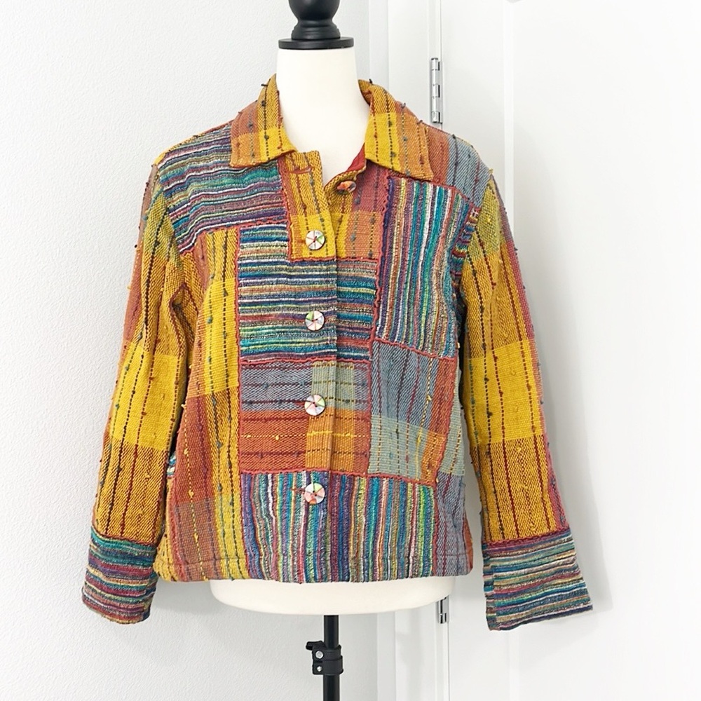 Vintage TravelSmith Petite Medium Yellow, Blue Patchwork Tapestry Jacket